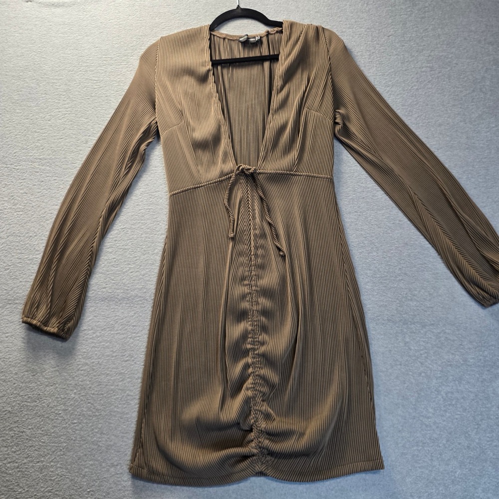 PrettyLittleThing Ruched Mini Dress Womens 8 Bronze Metallic Plunge Long Sleeve